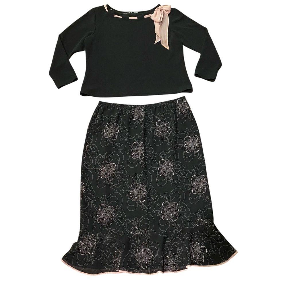 VTG 2Pc. Nicole Studio Top/ Skirt Set 18 Long Sleeve Ruffles Black/ Pink Floral